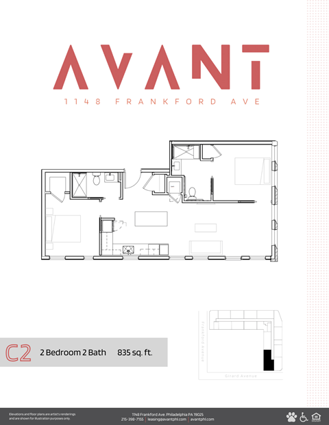 A floor plan for an apartment at 1148 Franklin Ave is shown, featuring two bedrooms and two bathrooms.